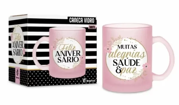caneca vidro diamante 300ml - alegria saúde e paz