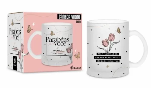 caneca vidro diamante 300ml - parabéns para você