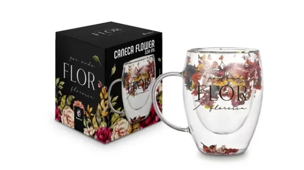 caneca vidro flor 320ml -flor floresça