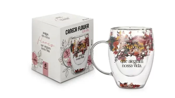 caneca vidro flor 320ml - flores que alegrama