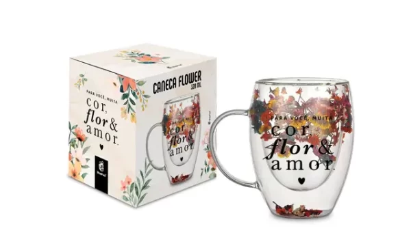 caneca vidro flor 320ml - cor flor e amor