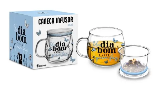 caneca vidro infusor 315ml - um bom dia