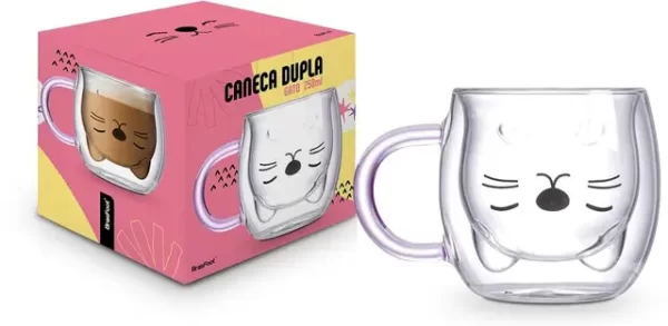 caneca vidro dublo 250ml - gato